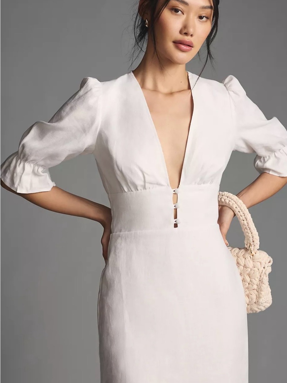 Reformation Simi White Linen Puff Sleeve Plunging V-Neck Mini Dress Size 4